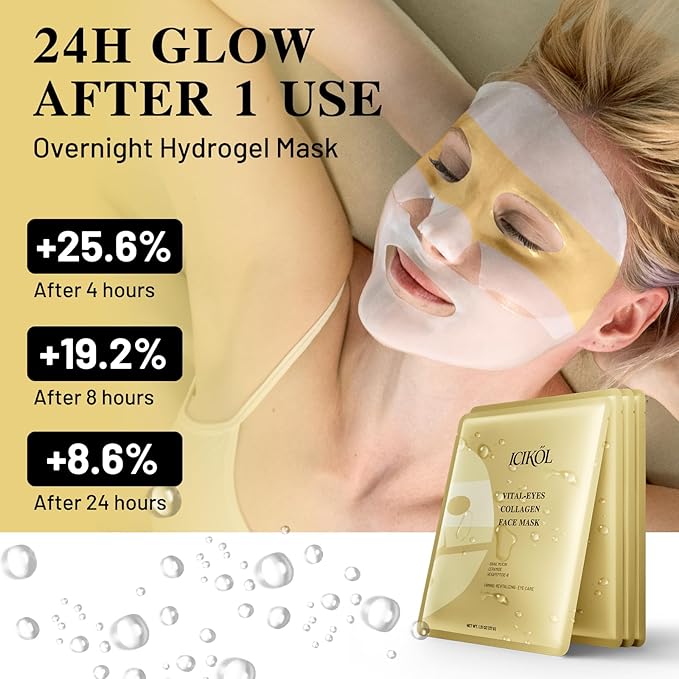 Collagen Face Mask Overnight, 24K Gold and Snail Mucin Sheet Masks for Ageless Eyes, Glass Glow and Skin Hydrating Boost, Jelly Facial Mask for Women, Dull Skin, 37gx4ea(Gold)