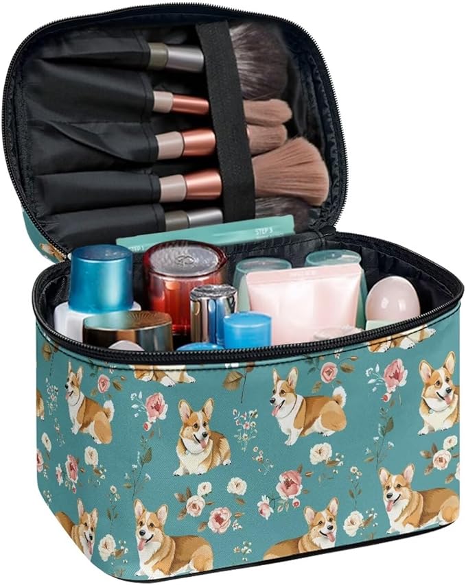 JoyLamoria Corgi Floral Makeup Bag Handbag Tote Bag Casual Cute Cosmetic Bag Brush Bag Toiletry Bag