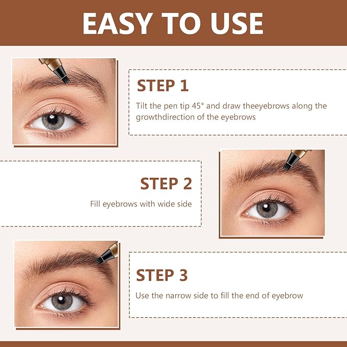 2Pcs Magic Microblading Eyebrow Pencil, 4-Tip Brow Pencil with Micro-Fork Tip, 3D Waterproof Microblading Eyebrow Pen, Eyebrow Tattoo Pen for Natural Makeup (Dark Brown)