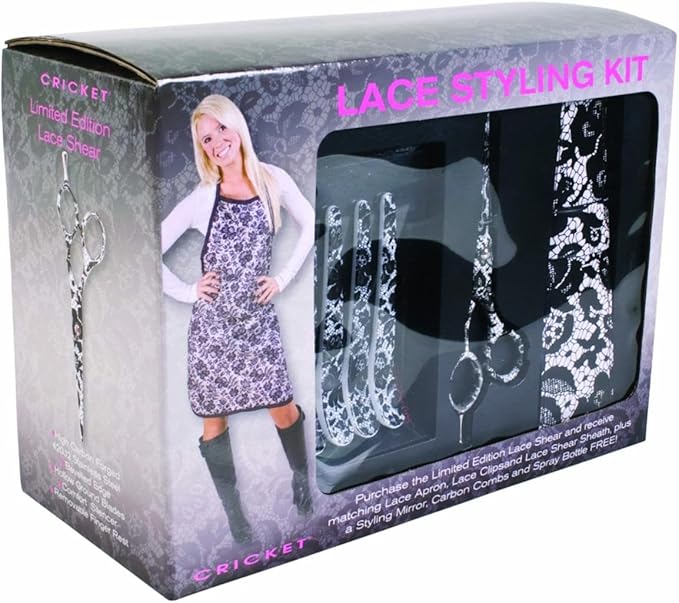 Cricket Limited Edition Black Lace Collection Professional Stylist Kit with 5.5” Beveled Edge Haircutting Shear, Carbon Combs 4 PK, Stylist Apron, Hair Clips, Mirror, Shear Sheath and H2O Spray
