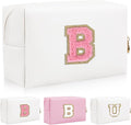 Personalized Initial Letter Patch Makeup Bag, Preppy Portable Chenille Letter Cosmetic Bag with Zipper, PU Leather Waterproof Travel Toiletry Bag Monogram Make Up Pouch for Women Girls(Letter B)