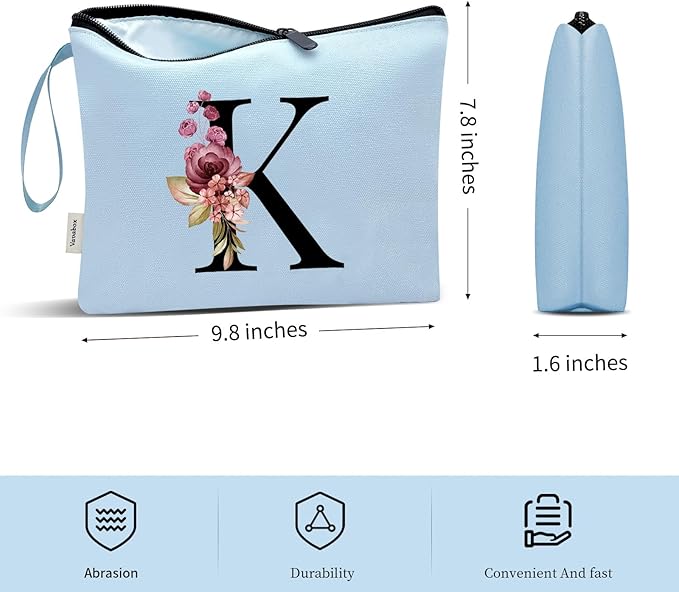 Vavabox A-Z Personalized Makeup Bag, Birthday Gifts for Women Mom, Gifts for Best Friend, Bride Bridesmaid Cosmetic bag (K, Blue)