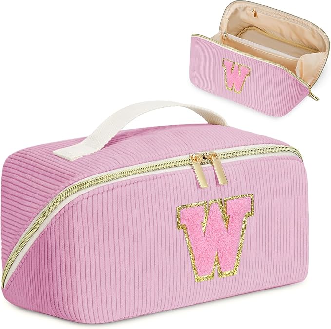 Personalized Initial Makeup Bag,Christmas Gifts for Girl,Preppy Bag Cosmetic Travel Bag Women,Travel Toiletry Organizer,Large Capacity Corduroy Stuff Bag,Cute Cosmetic Pouch Skincare Bag-W