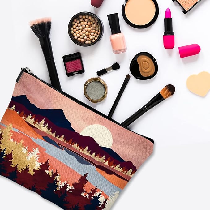 Cute Makeup Bag for Purse Canvas Waterproof Funny Cosmetic Bags for Women Zipper Travel Toiletry Pouch-Mountain Makeup Bags-Red