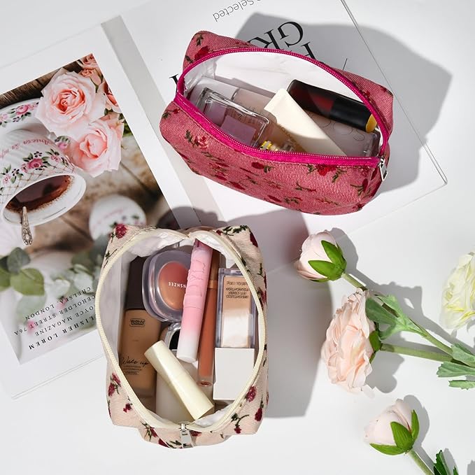 SOIDRAM 2 Pieces Makeup Bag Floral Cosmetic Bag Purple Blue Makeup Pouch Travel Toiletry Bag Organizer Cute Makeup Brushes Storage Bag for Women, White&Pink Rose