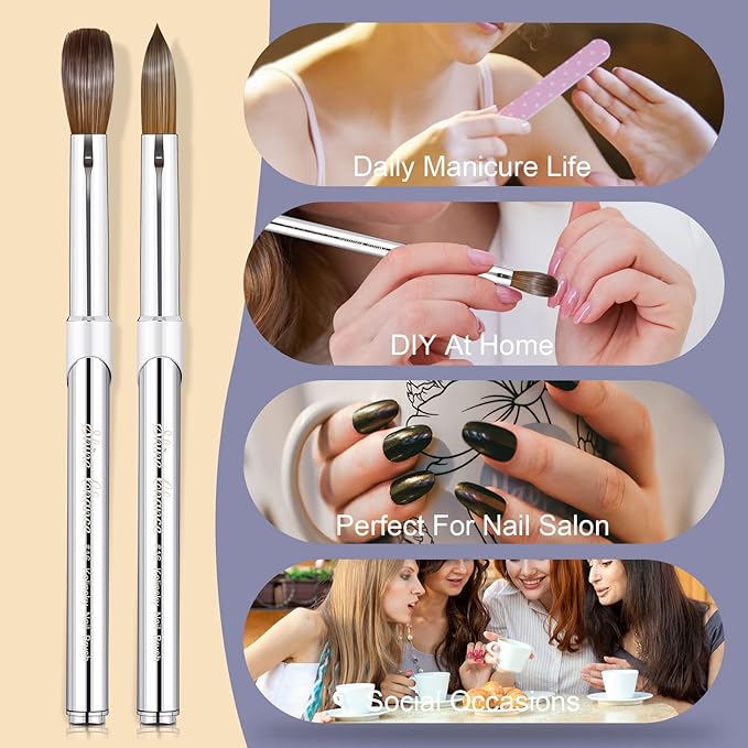 Acrylic Nail Art Brush Size 16, 100% Pure Kolinsky Hair Oval for Application, Professional Extension Manicure Tool Striping Drawing Pen DIY Home Salon, Silver, 1.0 Count
