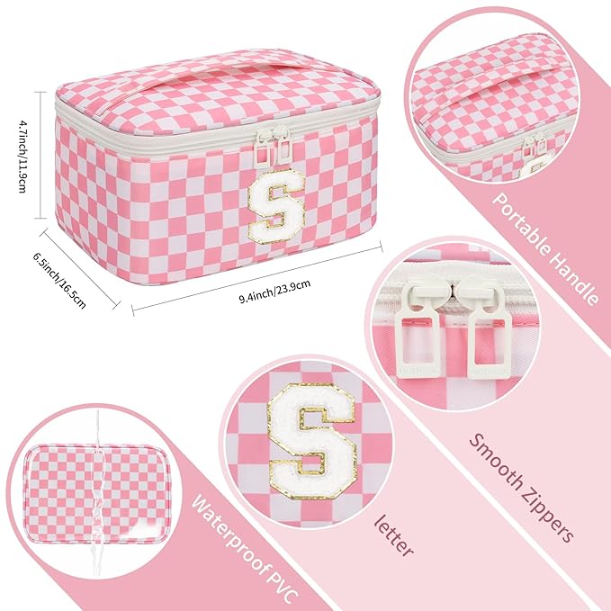 OCHEAL Makeup Bag for Women, Monogram Cosmetic Bag with Brush Holder, Pink Travel Makeup Case Beauty Toiletry Bag Organizer Personalized Gifts for Girls Bridesmaid, Sister, Wife, Friends Initial S