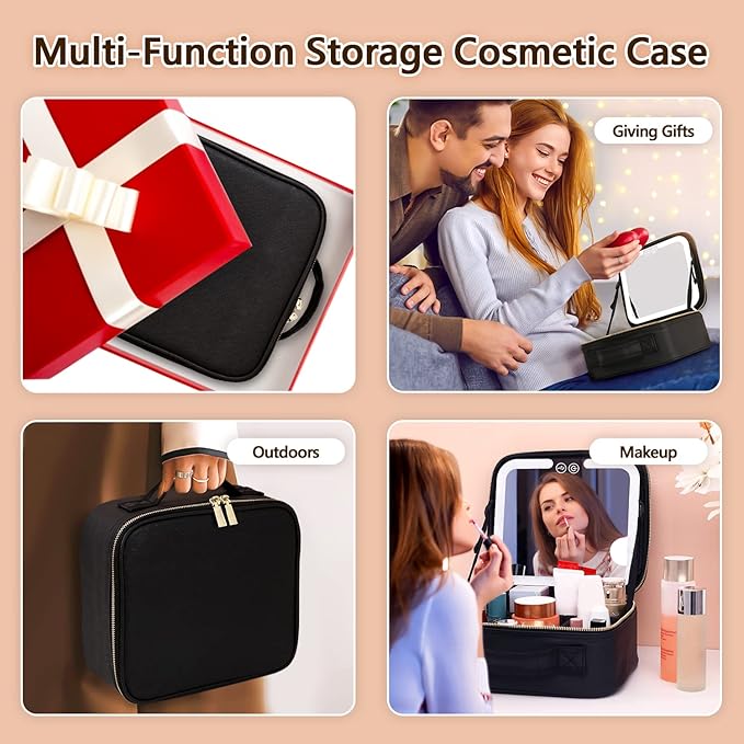 Travel Makeup Bag with LED Lighted Make up Case with Mirror 3 Color Setting Cosmetic Makeup Box Organizer Vanity Case for Women Beauty Tools Accessories Case Rechargeable