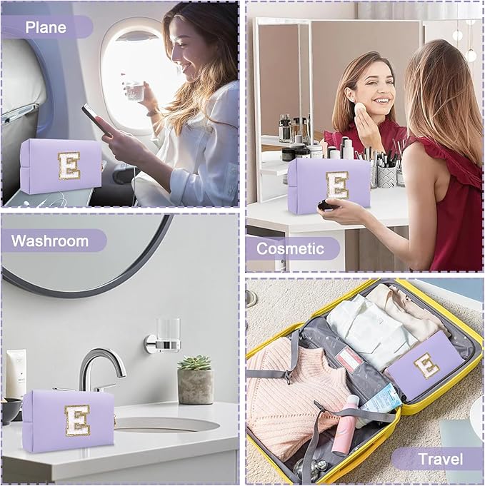 Personalized Chenille Letter Preppy Makeup Bag, Small Purple Initial Cosmetic Organizer Toiletry Zipper Pouch Monogram Make Up Storage, Waterproof PU Make Up Case Travel Essentials for Women(Letter E)