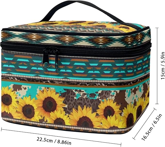 Western Aztec Sunflower Makeup Bag for Women Ladies Classic Cheetah Leopard Pattern Portable Cosmetic Bag with Zipper and Carry Handle Make Up Tote Bags Boho Tribal Toiletry Case Organizer