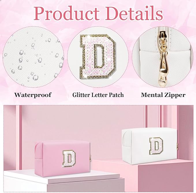 Small Personalized Glitter Initial Letter Makeup Bag, Cute PU Leather Chenille Letters Cosmetic Bag Travel Makeup Pouch, Preppy Travel Organizer Zipper Pouch for Women&Girls（White-D）