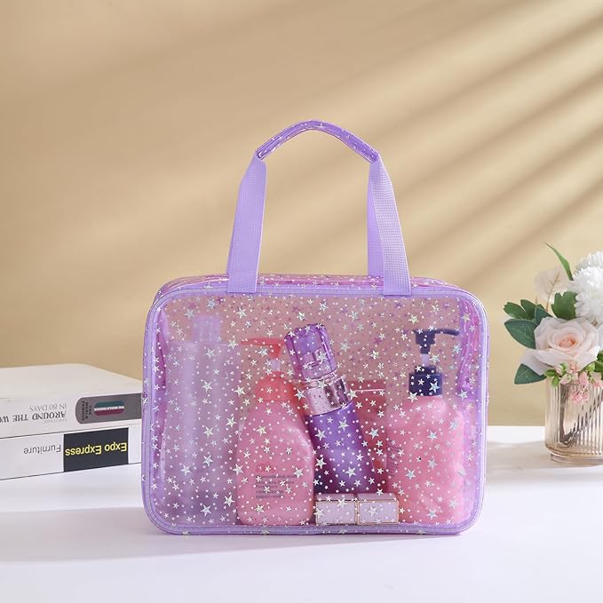 Yaopeing 2Pcs PVC Clear Makeup Bag Organizer for Women,Star Transparent Cosmetic Case Travel Toiletry Pouch with Zipper,Large Make Up Purse for Daily Accessory,Purple