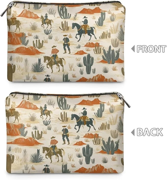COEQINE Leather Cosmetic Purses for Women Western Purse Aztec Cltuch Wallet Travel Makeup Bag With Zipper Portable Cosmetic Pouch for Ladies Cell Phone Case,Cactus Race Horse Pattern