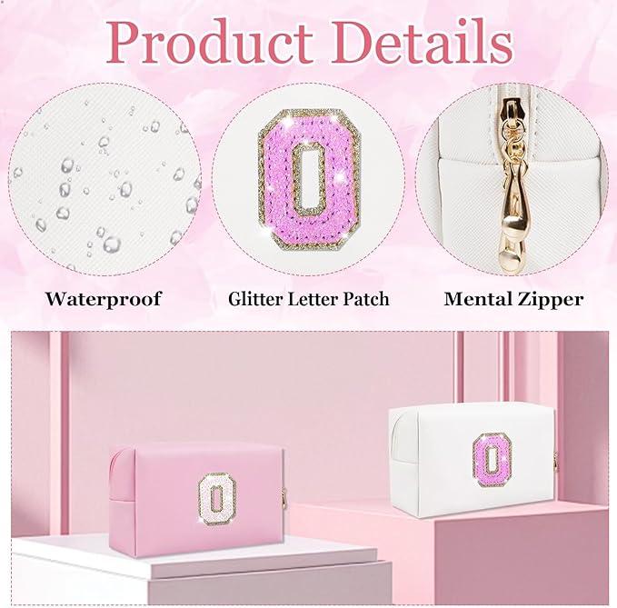 Glitter Initial Letter Makeup Bag, Small Personalized Sequins Letters PU Leather Cosmetic Bag Portable Waterproof Makeup Zipper Pouch, Shine Handbag Organizer Travel Bag Gifts for Women&Girls(White-O)