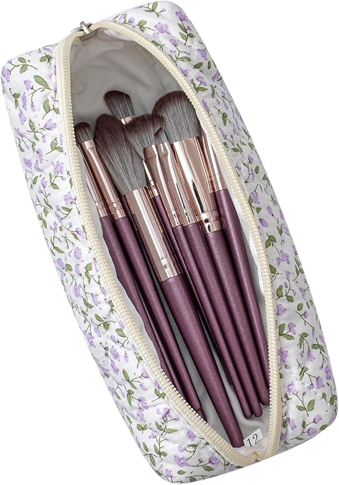 Cute Floral Cotton Makeup Brush Cosmetic Bag for Women, Travel Quilted Zipper Make Up Bag, Flowers Toiletry Organizer Case Kawaii Makeup Cosmetic Travel Cloth Pouch (Pink+Purple Floral)