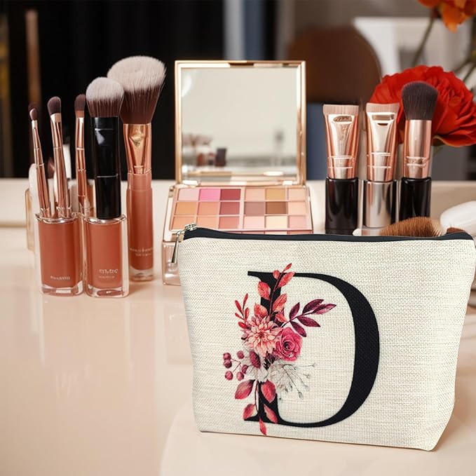 Initial A-Z Personalized Floral Makeup Bag, Monogrammed Birthday Gifts for Women Mom, Mothers Day Christmas Gift Ideas for Best Friend, Bride Bridesmaid, Her, Grandma, Small Travel Cosmetic Bag (D)