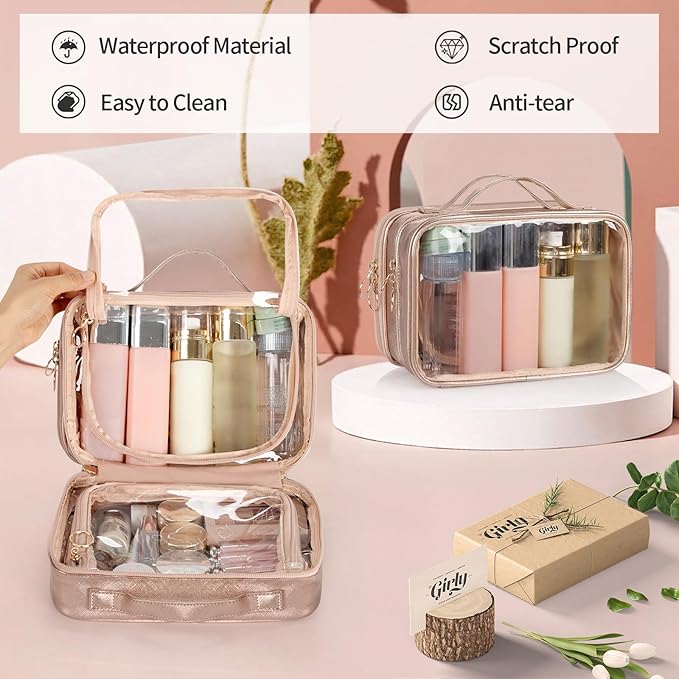 OCHEAL Clear Makeup Bag, Double Layer Cosmetic Bag, Large Capacity Minimalist Cosmetic Case for Women Travel Beauty Essentials, Multiple Compartments Makeup Case Organizer Zipper Pouch -Rose Glod