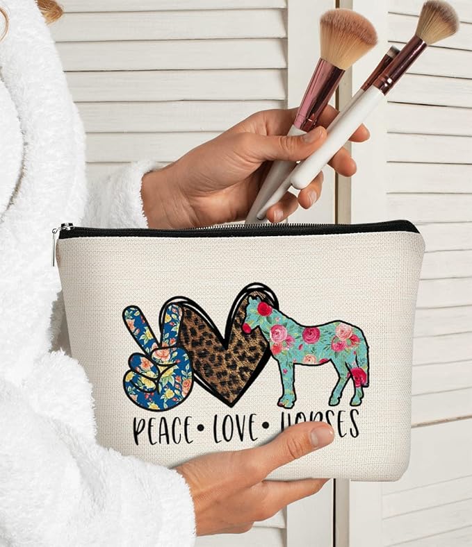Horse Gifts for Women Horse Makeup Bag,Horse Themed Gifts for Women,Peace Love Horse Leopard Floral Cosmetic Bag Cowgirls Gift,Horse Lovers,Horse Owners Gifts, Christmas Birthday Gift