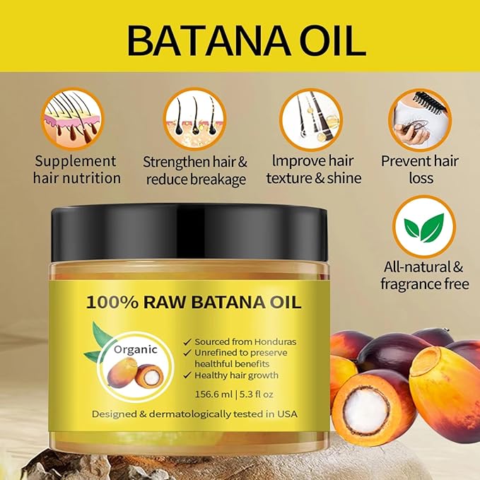 Batana Oil for Hair Growth – 100% Raw Unrefined Organic Ojon Oil from Honduras – Cold Pressed Hair Treatment for Thicker, Fuller, Healthier Hair – Dry Scalp & Damage Repair – 5.3 oz