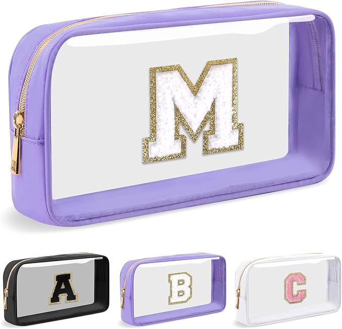 Personalized Initial Letter Clear Makeup Bag,Preppy Small Nylon&PVC Cosmetic Zipper Bag with Chenille Letter,Travel Skincare Toiletry Bag,Monogram Christmas Gift for Teen Girls Women,M