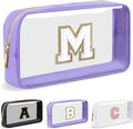 Personalized Initial Letter Clear Makeup Bag,Preppy Small Nylon&PVC Cosmetic Zipper Bag with Chenille Letter,Travel Skincare Toiletry Bag,Monogram Christmas Gift for Teen Girls Women,M