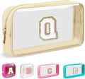 Small Clear Personalized Initial Makeup Bag, Preppy Nylon A-Z Chenille Letter Patch Makeup Organizer TSA Approved Travel Toiletry Bag,Waterproof Zip Beach Cosmetic Pouch Purse for Women(Beige-White Q)