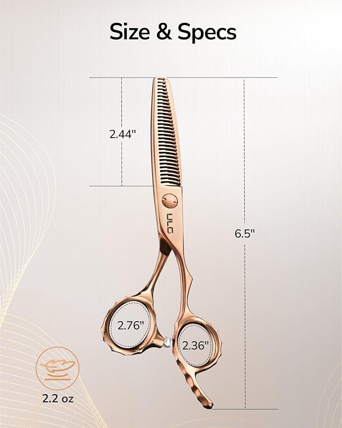 ULG Professional Seamless Hair Thinning Scissors Luxury 18K Rose Gold Coated 6.5" Barber Scissors 440C Japanese Stainless Steel Hand-Honed Convex Blades Offset Handles Tension Adjustable, Right-Handed