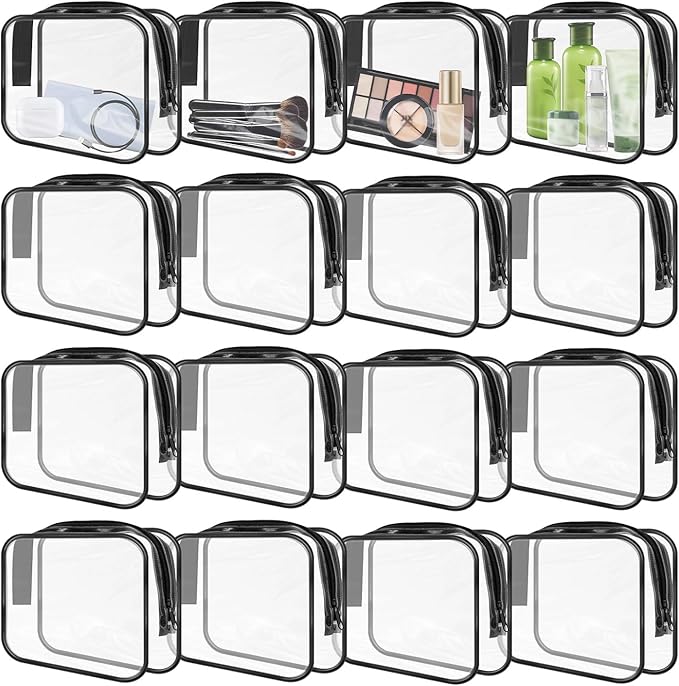 16 Pieces Clear Makeup Bags Bulk, TSA Approved Toiletry Bags Travel Pouch, Waterproof PVC Plastic Small Clear Cosmetic Bags with Zipper for Organizing (Black Border)