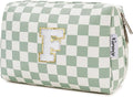 Narwey Birthday Gifts for Teen Girls Kids Women Personalized Initial Checkered Makeup Bag Preppy Cosmetic Bag Trendy Stuff 6 8 10 11 12 13 14 16 18 Years Old Travel Toiletry Bag (Green Letter F)