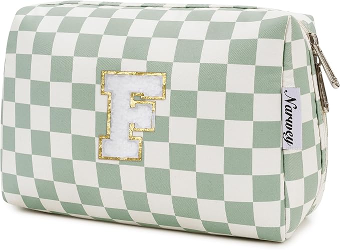 Narwey Birthday Gifts for Teen Girls Kids Women Personalized Initial Checkered Makeup Bag Preppy Cosmetic Bag Trendy Stuff 6 8 10 11 12 13 14 16 18 Years Old Travel Toiletry Bag (Green Letter F)
