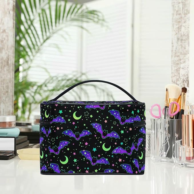 Goth Makeup Bag, Magic Gothic Galaxy Bat Makeup Organizer Bags Toiletry Bag Box Travel Cosmetic Bag Make Up Train Case for Women Teen Girl Ladies Skulls 219