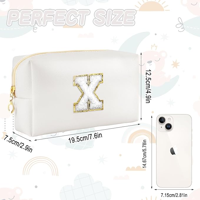 Gifts for Girls Initial Makeup Bag Personalized Cosmetic Bag with Zipper Cute Travel Toiletry Bags Waterproof PU Preppy Makeup Pouch Birthday Gift for Teen Girls Women(White X)