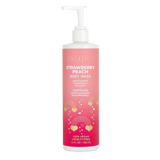 Pacifica Beauty Strawberry Peach Body Wash with Pump, Bath and Shower Gel, Aloe, Vitamin C, Moisturizing, Hydrating, Cleansing, Soothing, Rejuvanating, Inspiring, Vegan, 12 fl oz (1 Count)