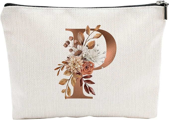 A-Z Boho Personalized Cosmetic Bag-Floral Cotton Letter Makeup Bag With Zipper-Artistic Cosmetic Bag For Travel-Bride,Birthday Gift For Women Daughter Friends-Women Makeup Organizer-A16