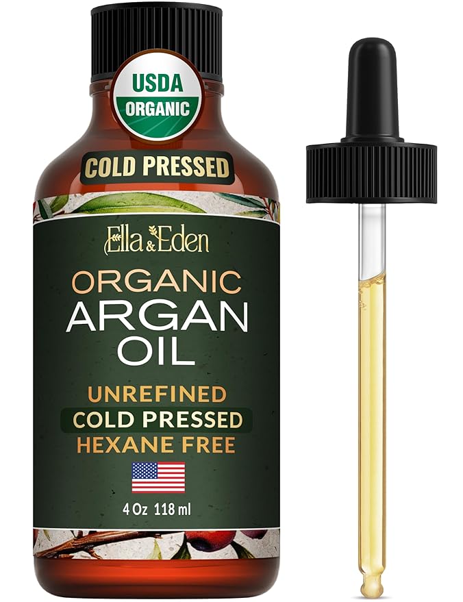 Ella & Eden Organic Moroccan Argan Oil - 100% Pure Cold-Pressed USDA Certified Unrefined – for Hair, Face & Skin – 4 Fl Oz Glass Bottle