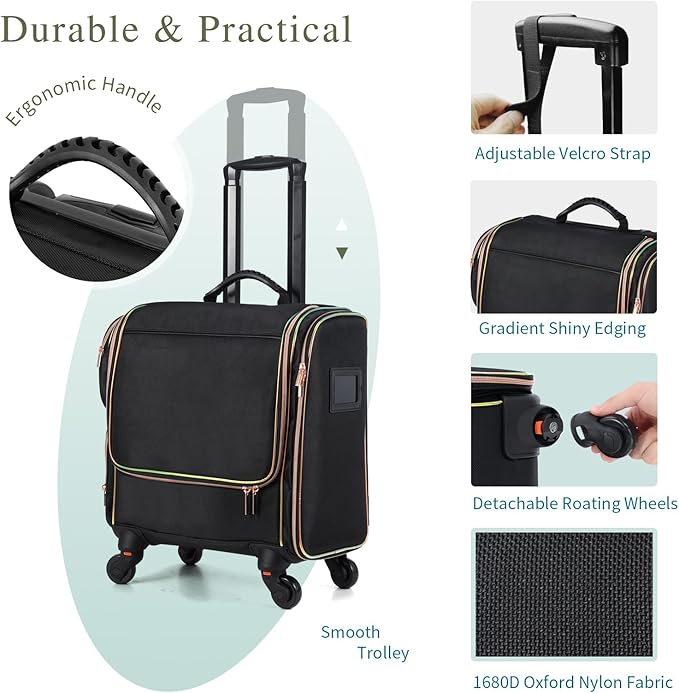 Stagiant Rolling Makeup Train Case, Professional Makeup Case, Travel Cosmetic Organizer Make Up Storage Bag for Makeup Artist, Hairstylist, Barbers, with 5 Toiletry Bags, Black