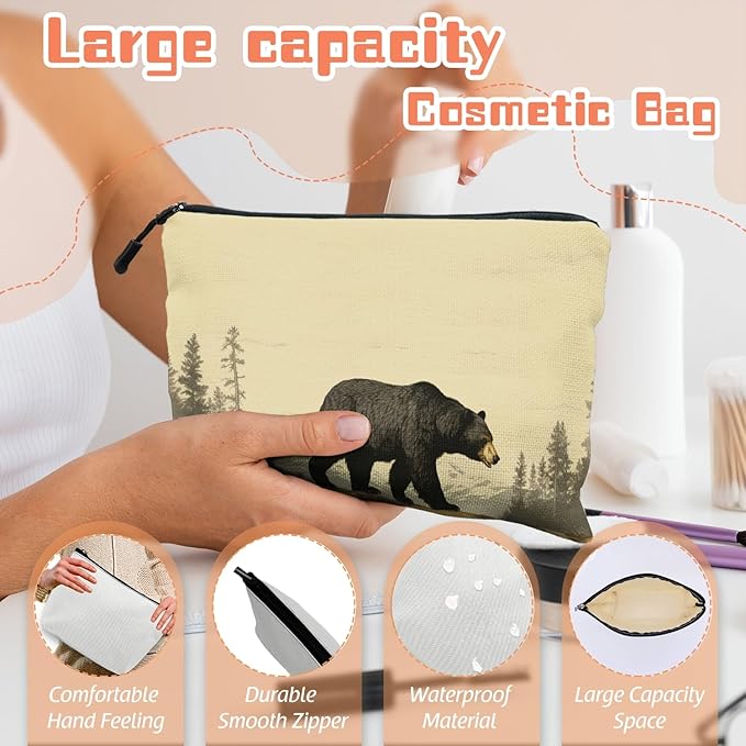 Cosmetic Bags Travel Makeup Toilet Case Waterproof Pouch for Women Girls 6.7X9.45inches - Black Bear Walking in A Mountainous Forest Landscape