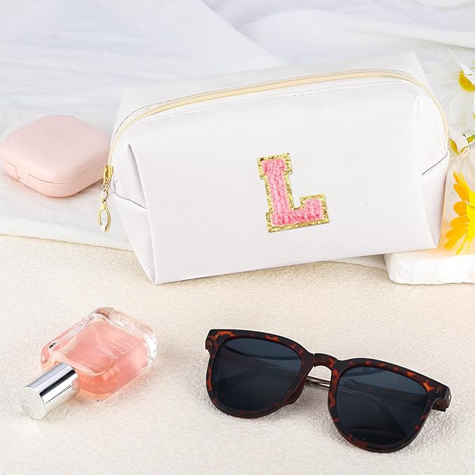 Initial Makeup Bag Personalized Preppy Travel Small Cosmetic Bag Cute PU White Chenille Letter Makeup Pouch for Purse Waterproof Zippered Toiletry Organizer for Women Girls Kids Friends (L)