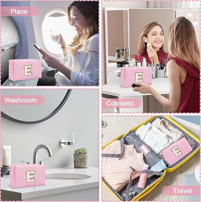 Personalized Chenille Letter Preppy Patch Makeup Bag, Small Pink Travel Cosmetic Bag Initial Toiletry Zipper Pouch Monogram Makeup Storage, Waterproof Makeup Case Travel Essentials for Women(Letter E)