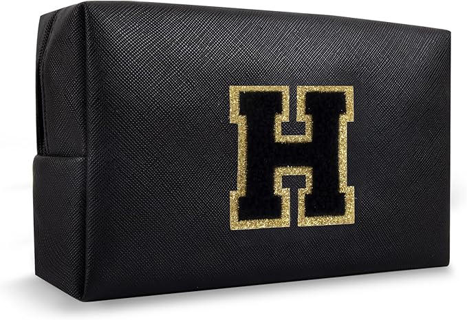 Personalized Chenille Letter Preppy Makeup Bag, Small Initial Black Travel Cosmetic Organizer Toiletry Zipper Pouch, Waterproof Monogram Makeup Storage Organizer Travel Essentials for Female(Letter H)