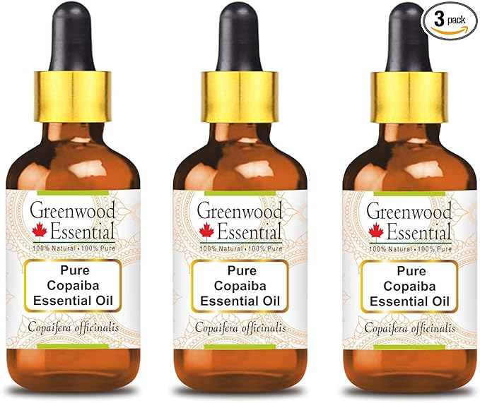 Greenwood Essential Pure Copaiba Essential Oil (Copaifera officinalis) with Glass Dropper Steam Distilled (Pack of Three) 100ml X 3 (10.1oz)