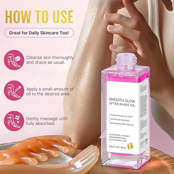 After Shave Oil, Women's Smooth Glow After Shave Oil 90ml - Prevent Ingrown Hairs & Razor Bumps, Strawberry AHA & Peptides for Soothing Hydration, Fast Absorbing, Vegan, Sensitive Skin Care