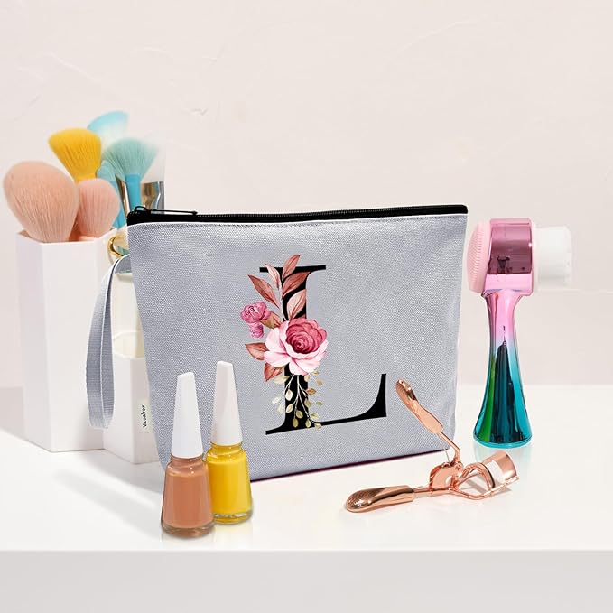Vavabox A-Z Personalized Makeup Bag, Birthday Gifts for Women Mom, Gifts for Best Friend, Bride Bridesmaid Cosmetic bag (L, Grey)