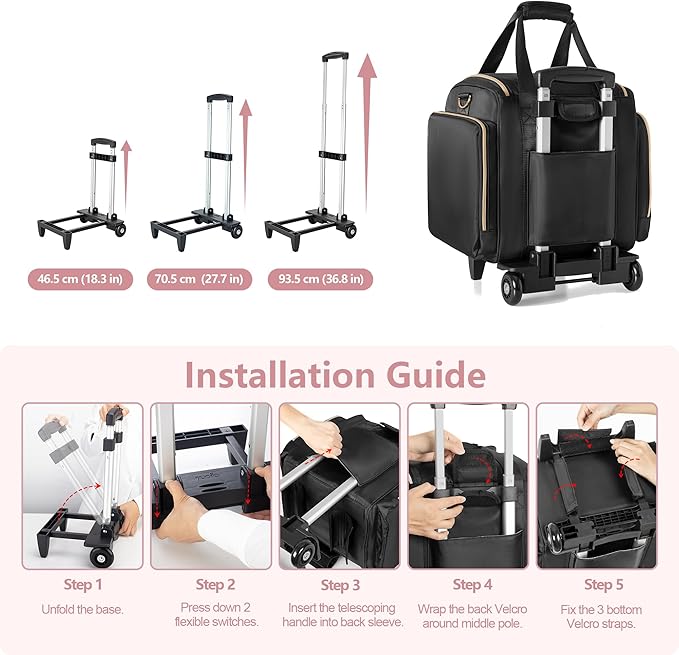 Rolling Makeup Case with 4 Removable Bags, Professional Makeup Train Case with Wheels, Makeup Artist Travel Bag with Brushes Storage Section, Black (Patent Design)