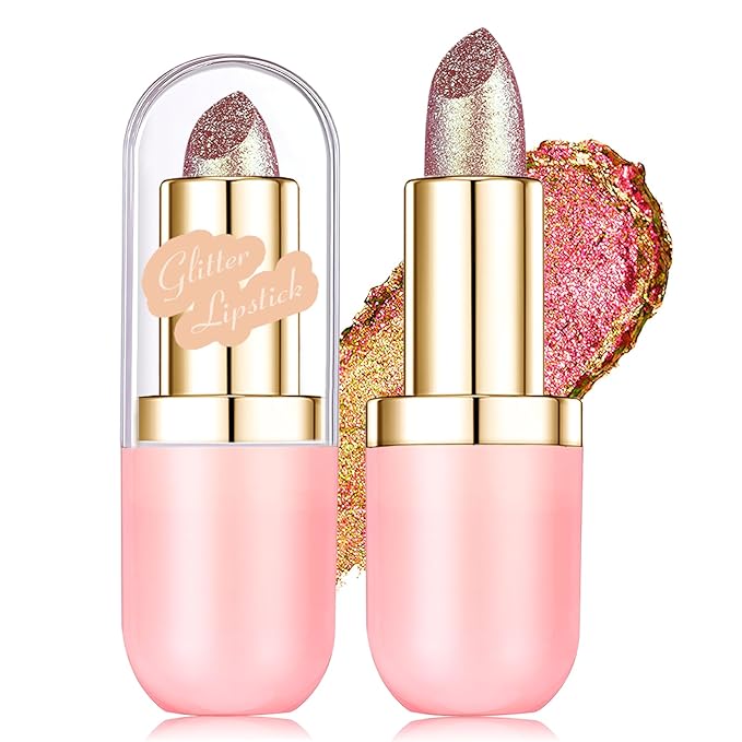 Gold Holographic Glitter Lipstick Makeup, Metallic Lip Stick Long Lasting Lightweight Non-Sticky Hydrating Lip Tinted Full Coverage High-Shine Shimmer Chameleon Lipstick for Women