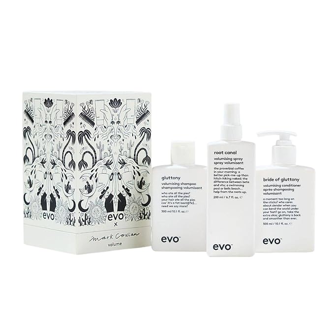 Evo Good Givin' Gift Set Volume Limited Edition Hair Care Gift Set Full Size Gluttony volumizing Shampoo, Bride of Gluttony volumizing Conditioner & Free Root Canal volumizing Spray