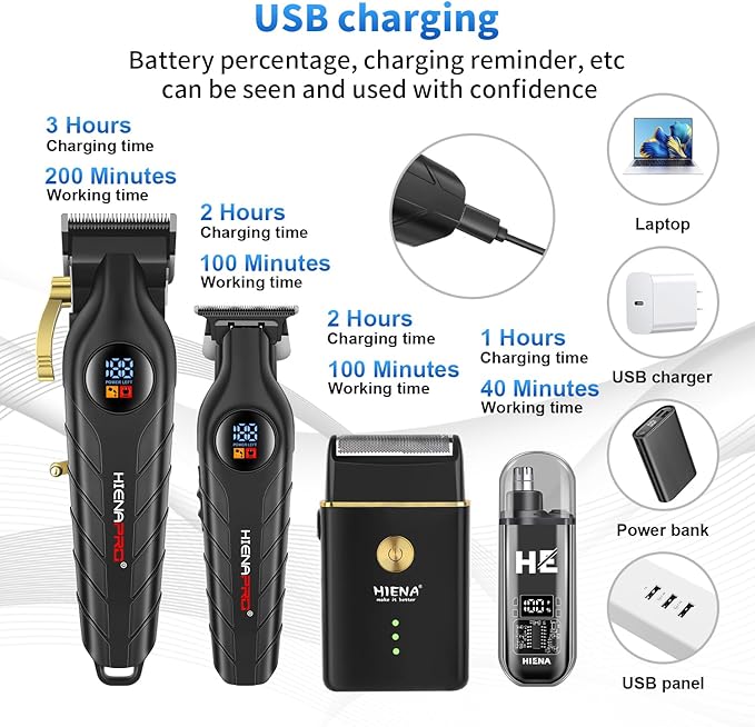 HIENA PRO Professional Cordless Hair Clipper for Men, Beard Trimmers, Electric Foil Shavers and Nose Hair Trimmer Set, Rechargeable Barber Clipper and Hair Cutting Grooming Kit