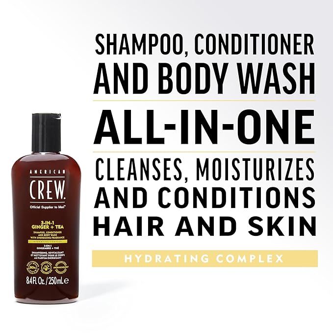 AMERICAN CREW 3-in-1 Ginger & Tea, Shampoo, Conditioner & Body Wash for Men, Hair Care Gift for Him, Revitalizing and Refreshing Fragrance, 8.4 fl oz