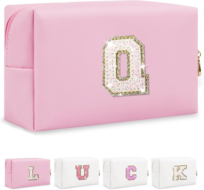 Personalized Initial Letter Makeup Bag, Small Preppy Glitter Letter Cosmetic Pouch PU Waterproof Zipper Travel Toiletry Bag, Unique Letter Patch Makeup Organizer Gift for Women Teen Girls(Letter Q)