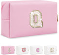 Personalized Initial Letter Makeup Bag, Small Preppy Glitter Letter Cosmetic Pouch PU Waterproof Zipper Travel Toiletry Bag, Unique Letter Patch Makeup Organizer Gift for Women Teen Girls(Letter Q)